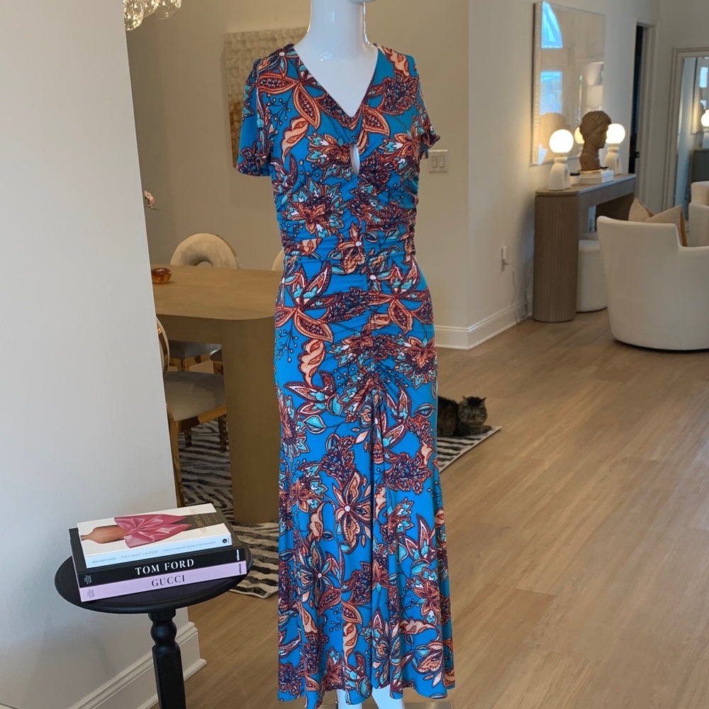 Colleen Lopez Turquoise & Coral Floral V-Neck Ruched Maxi Dress